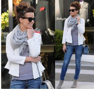 Kate-Beckinsale-wears-White-Blazer-Grey-scarf